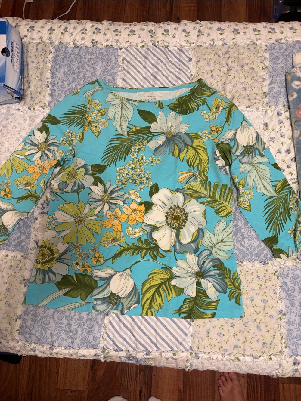 Talbots Aqua Floral Long Sleeve Top